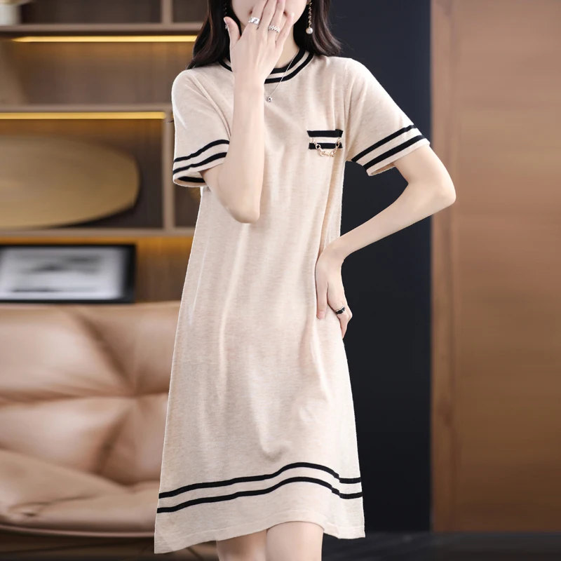 

Spring and Summer New Refined Wool Long Dress Women's O-Neck Pullover Dress Loose Fashion Thin Knit Long Sweater Color Contrast