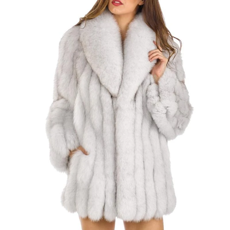 Faux Fur Coat Autumn and Winter New Medium Long Fox Fur Patchwork Coat Women Loose Thickened Warm Silver Grey