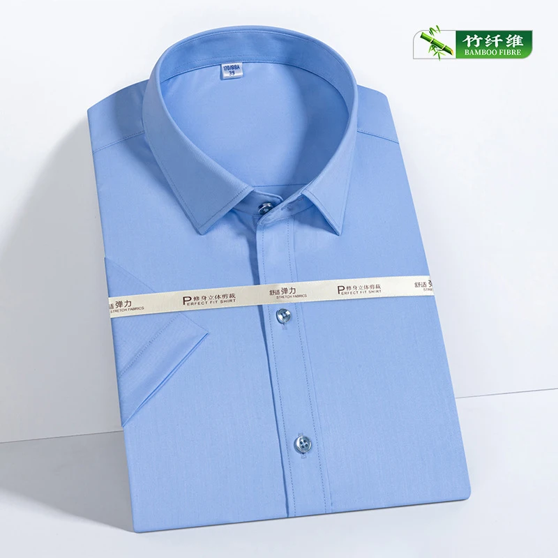 EUOW 2022 Fashion Fiber Elastic Men Suit Shirt Summer New Solid Color Short sleeved Tops Professional Wear Tooling White Shirts