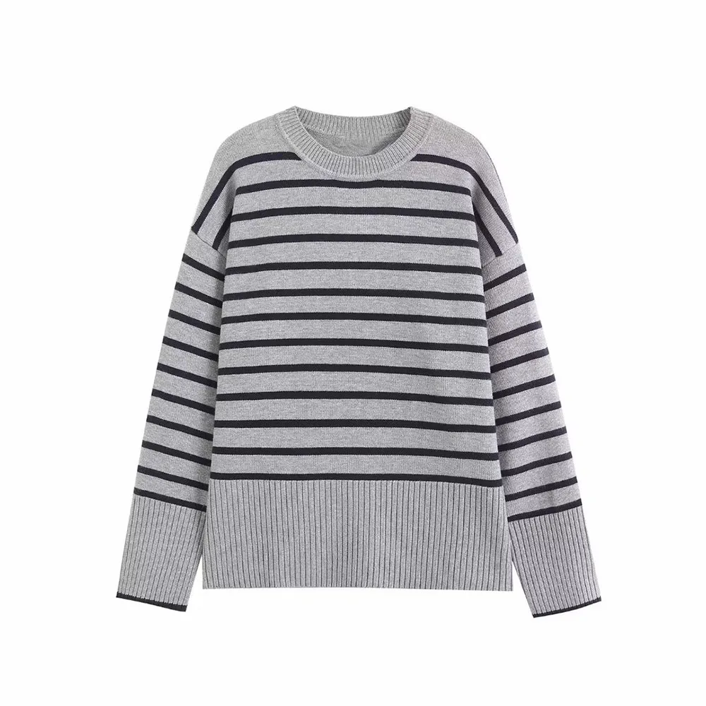 

Women 2023 New Fashion stripe Casual Knitted Sweater Vintage O Neck Long Sleeve Female Pullovers Chic Tops