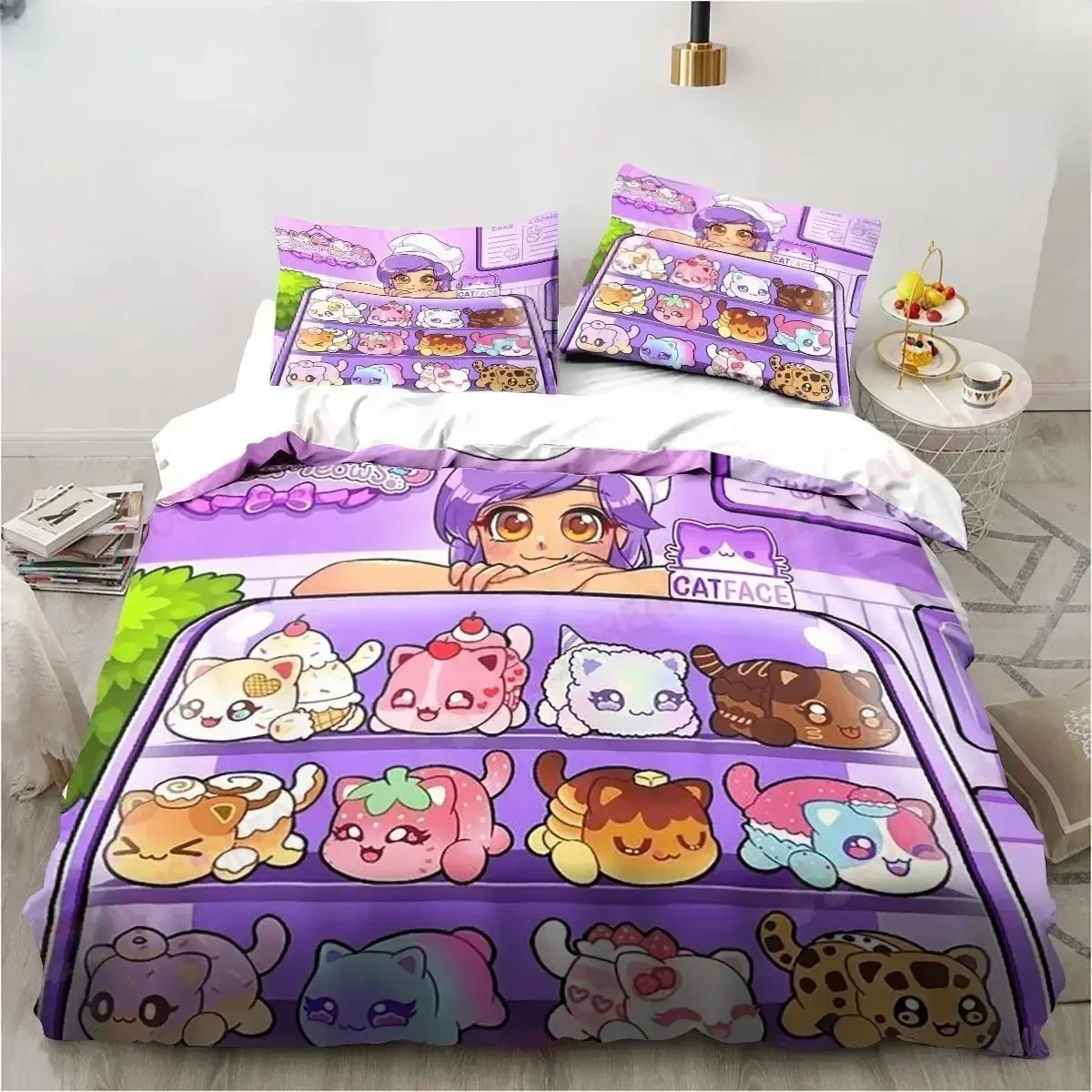 Фото Новый комплект постельного белья с мультяшным персонажем Афмау с крыльями: пододеяльник, простыня, наволочки с принтом, размеры Full, Queen, King, для спальни №4