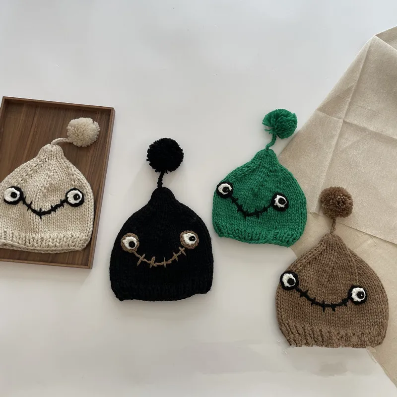 

48-52cm Children Hat 2023 Autumn/Winter Korean Edition Funny Little Monster Warm Knitted Hat Baby Pullover Hat baby beanie