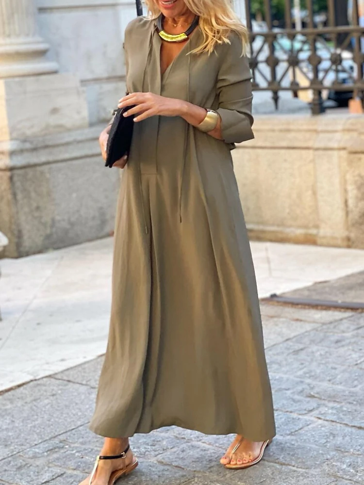 

Женское платье-качели весна-лето 2023, новое однотонное платье с V-образным вырезом и длинным рукавом, простая повседневная свободная длинная рубашка, женское платье на шнуровке