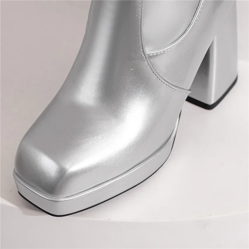Winter Women Platform Knee High Boots White Silver Red Patent Leather Chunky Heel Office Party Lady Square Toe Zipper Long Boots