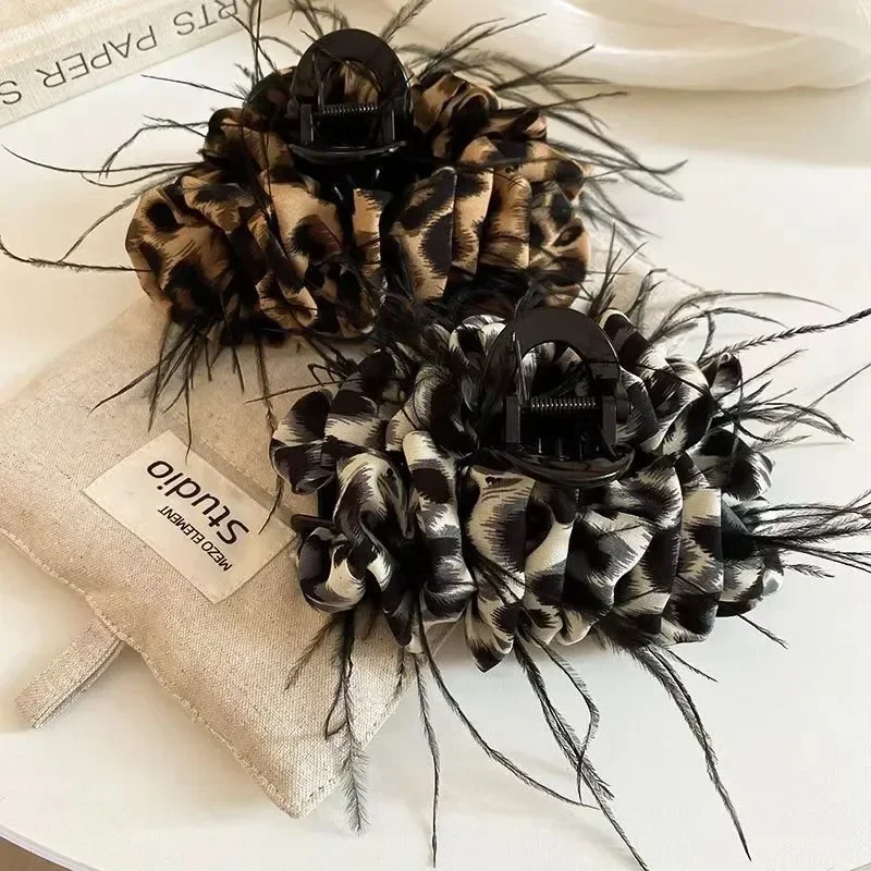 Новые большие заколки для волос с леопардовым принтом и бантом из перьев