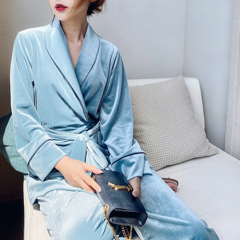 Women's 2PCS Outfits Golden Velvet Pyjamas With Belt Female Winter Nightwear Nightgown Set Fashion Sleepwear Homewear