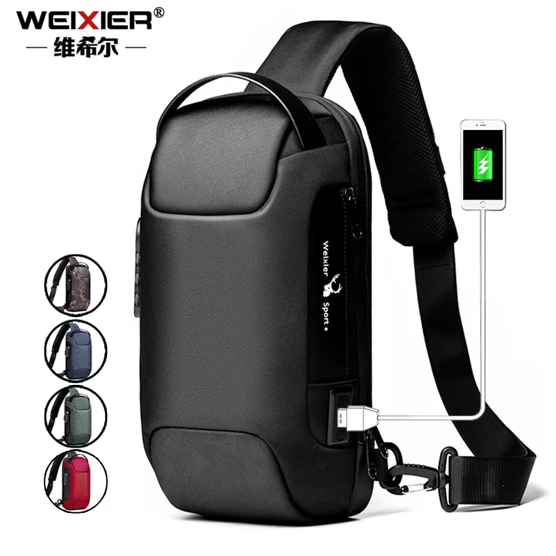 WEIXIER Men's Chest Bag Waterproof USB Oxford Man Crossbody Bags Anti-Theft Travel Shoulder Sling Bag Male Casual Sports Bag