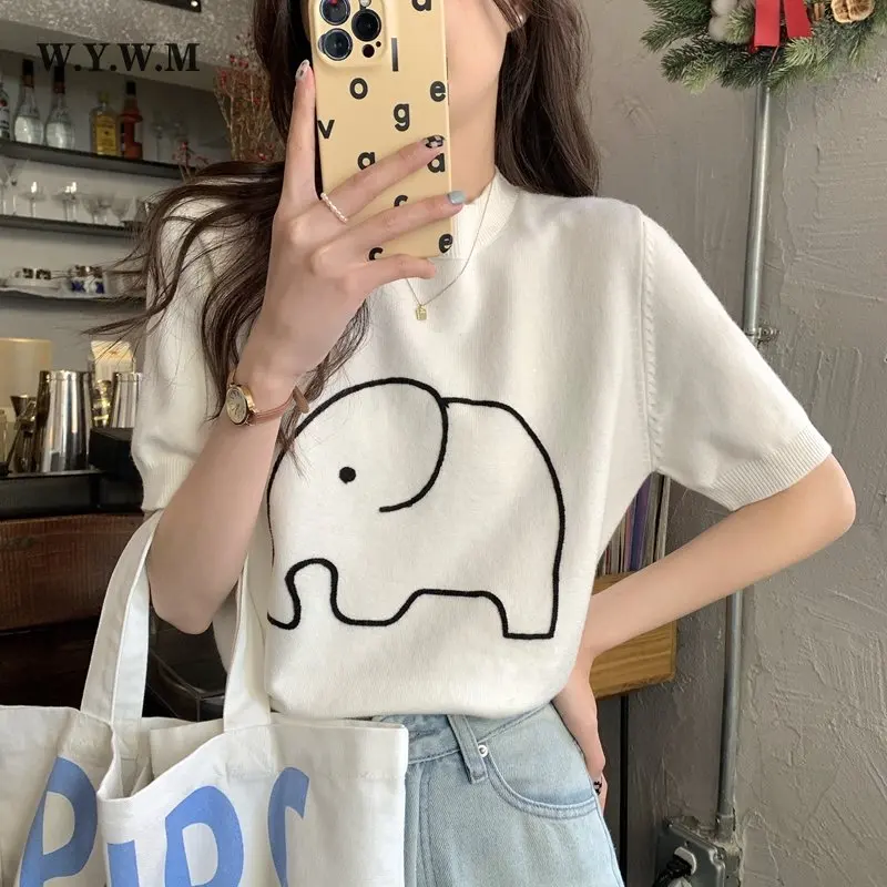 

WYWM Cute Elephant Embroidered Knitted Pullovers Women Loose O Neck Short Sleeve Sweater Female Summer Casual All-match Jumper