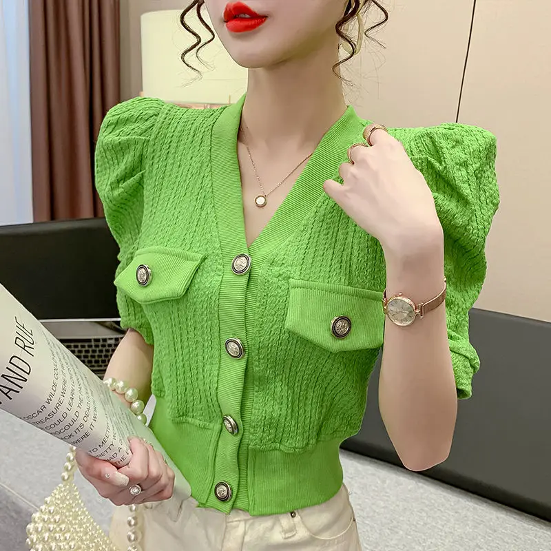 

Ins France Style Button Up Shirt Short Puff Sleeve V-neck T Shirts Elegant Office Lady Korean Fashion Summer Large 2XL Crop Tops