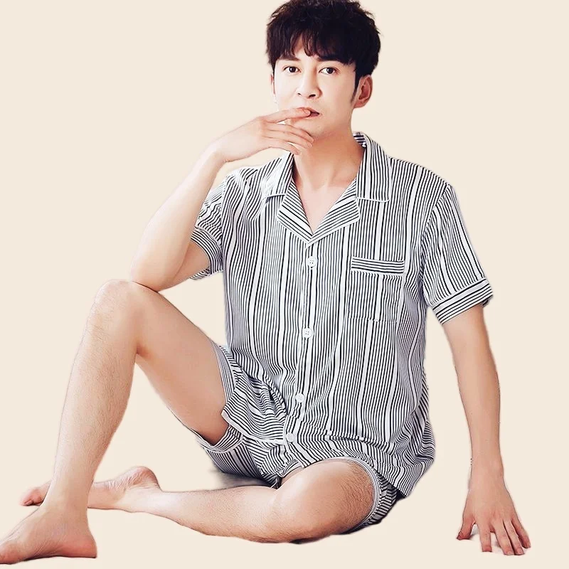 Men's Summer Pajamas Set Short Sleeve T-shirt Shorts 2Piece/Set Sexy Stripe Print Pyjama Big Size Homewear Cozy PJS