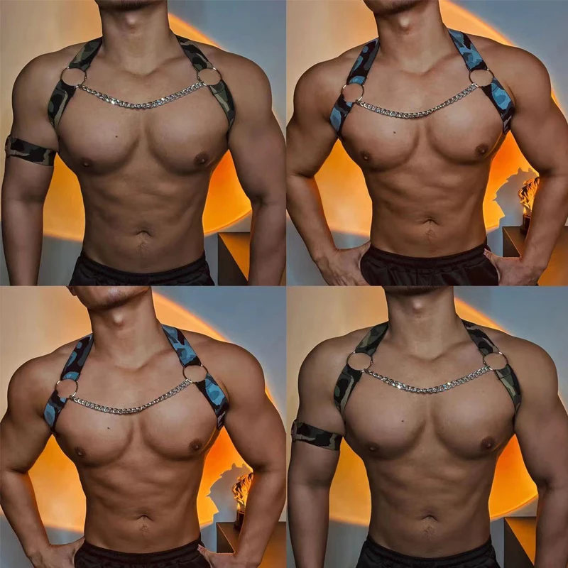 

Men Camouflage Chain Chest Straps Armbands Nightclub DJ DS Male Pole Dance Accessories Gogo Costume Stage Show Outfit XS5065