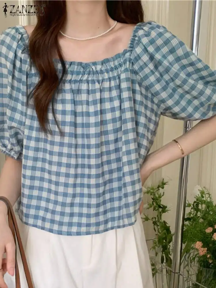 

ZANZEA Women Plaid Checked Blouse Korean Summer Short Sleeve Holiday Tops Fashion Square Neck Casual Beach Shirt Loose Blusas