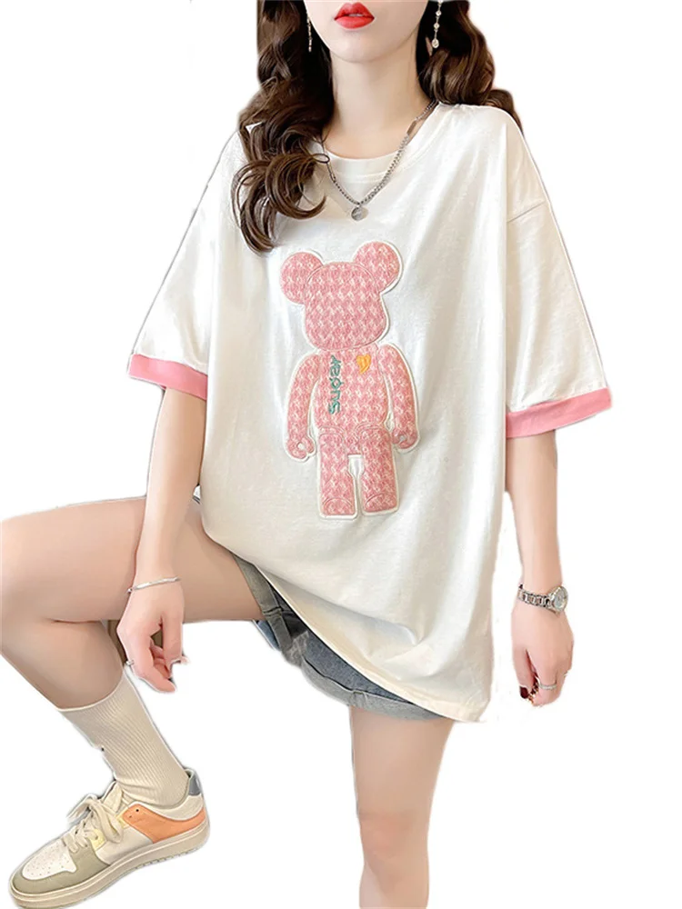 

2022 Summer New Short-sleeved T-shirt Women Korean Version Casual Round Neck Cartoon Embroidery Top Mid-length Fashion T-shirt