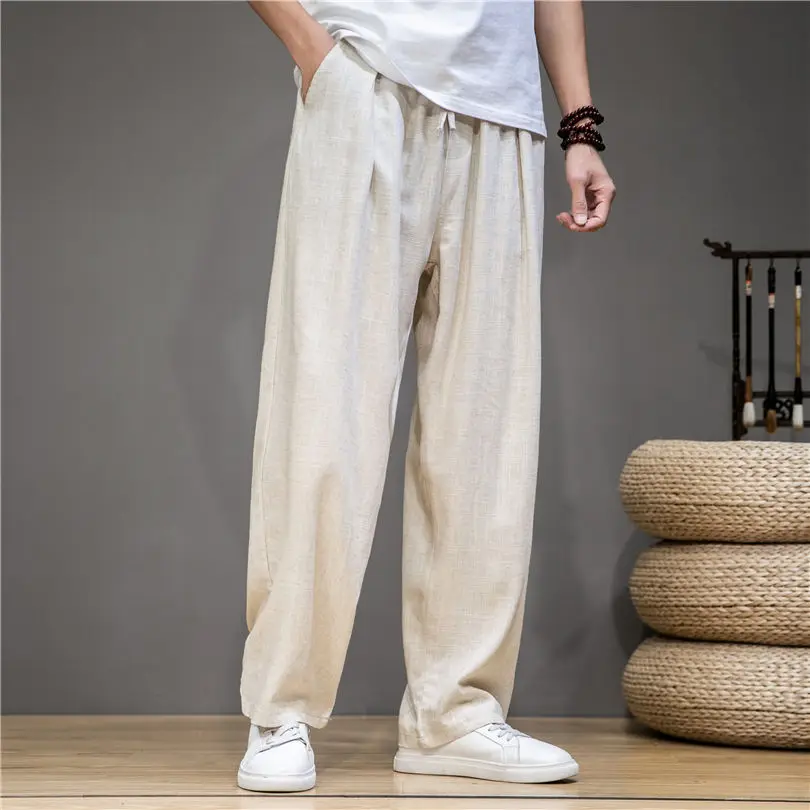 

2023 Summer New Men's Cotton Linen Pants Male Casual Solid Color Breathable Loose long Trousers Straight Pants M-5XL A25