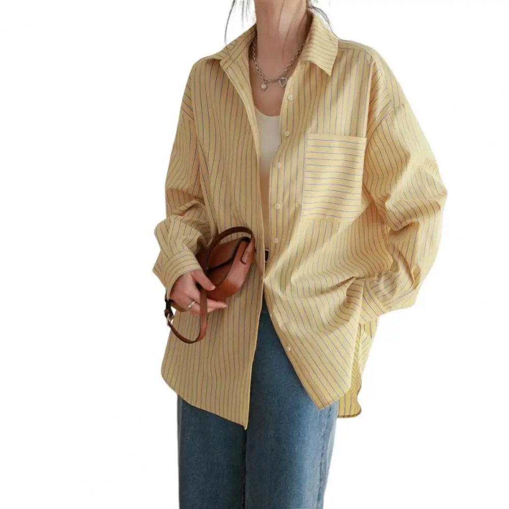

Summer Shirt Striped Print Loose Long Sleeve Single-breasted Cardigan Casual Patch Pocket Spring Shirt Female Clothes