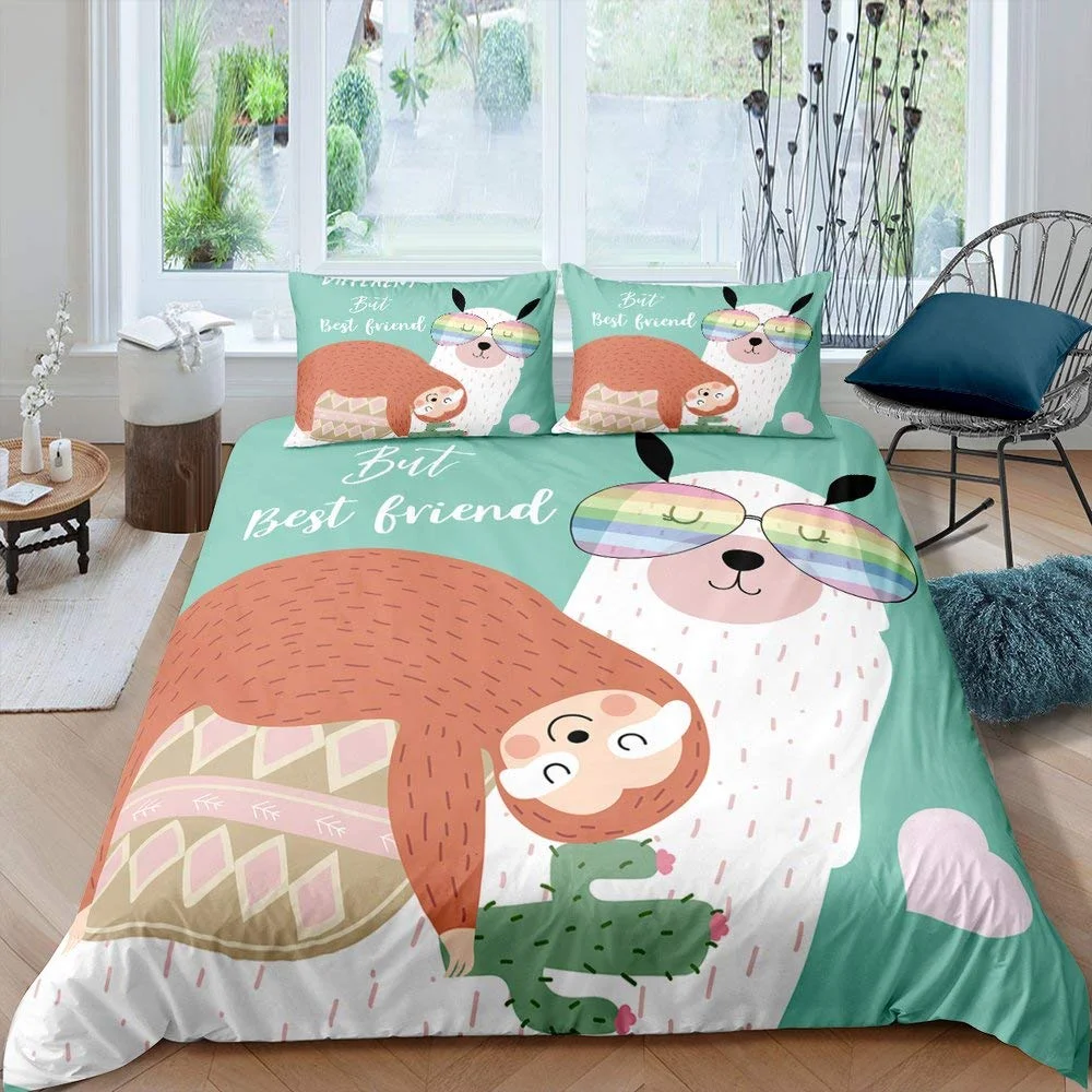

Funny Alpaca Duvet Cover Set Cute Sloth Comforter Cover Cactus Animal Bedding Set Polyester Love Heart Cartoon Style Quilt Cover