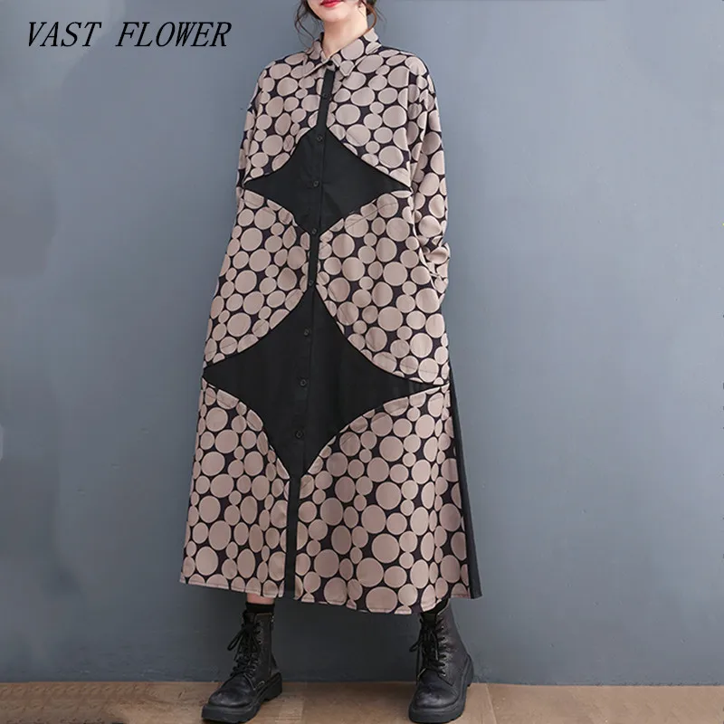 

long sleeve oversized vintage Polka Dot dresses for women casual loose spring autumn shirt dress elegant clothing 2023