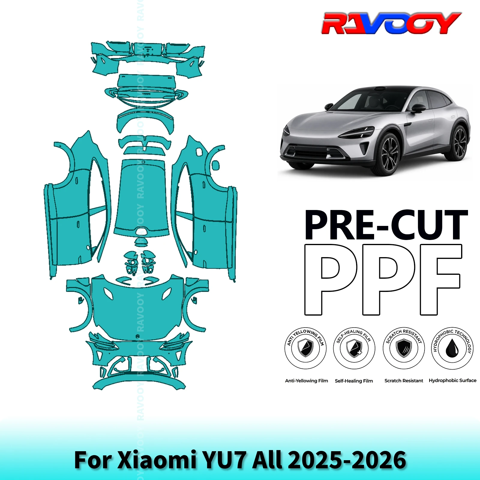 Фото Для Xiaomi YU7 2025-2026 годов выпуска, полноразмерная предварительно вырезанная защитная пленка для кузова толщиной 8,5 мил, прозрачный комплект PPF. |   Варианты отделки: прозрачный/матовый/черный №1