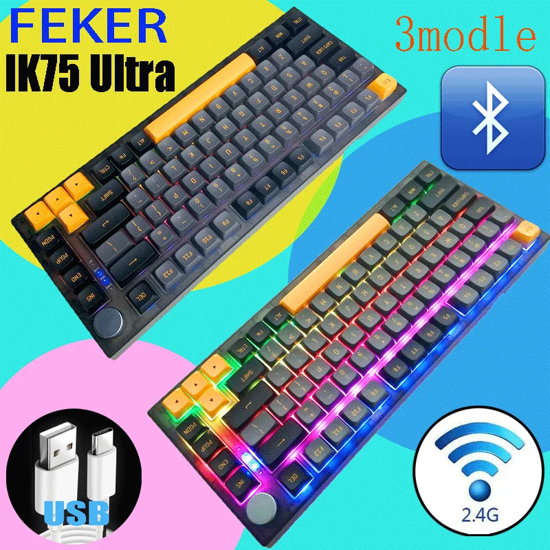 

IK75 Ultra Pro Keyboard 3-Mode Mechanical RGB Lighting Gaming Metal Knob Gasket Wireless Gateron Yellow Pro PBT keycap Kit