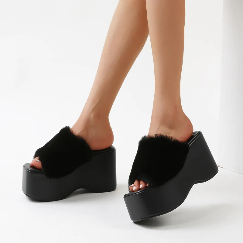 Square Toe Platform Wedges Wool Belt Buckle Women's Slippers Summer Fashion Solid Color Simple Slip On Muller Shoes Soft Leather