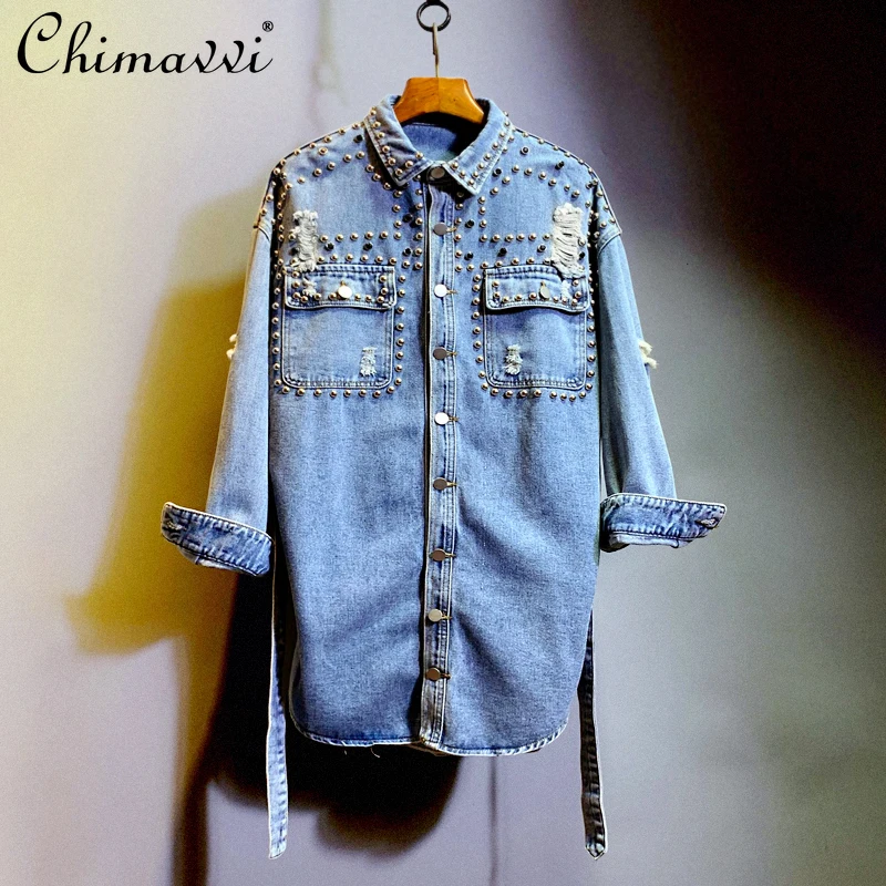

Single Breasted Denim Shirt 2022 Spring Korean Style Casual Rivet Jeans Tops Female Long Sleeve Ripped Denim Blouses Coat