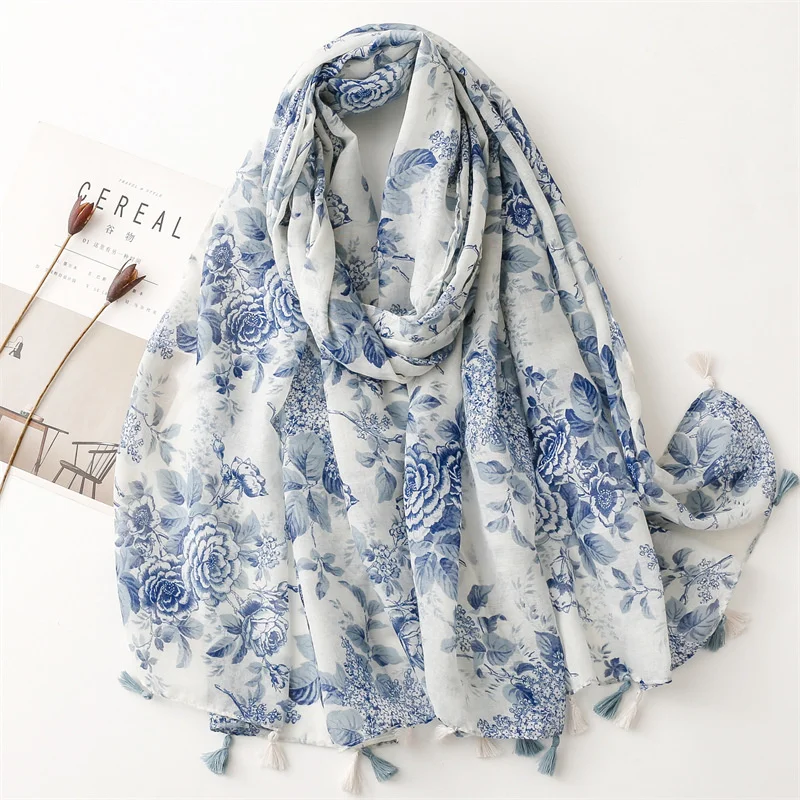 

Blue Cotton Linen Womens Fashion Scarf Luxury Shawls Foulard Beach Scarf Tassel Cover-ups Wraps Flower Printing Hijab Scarf