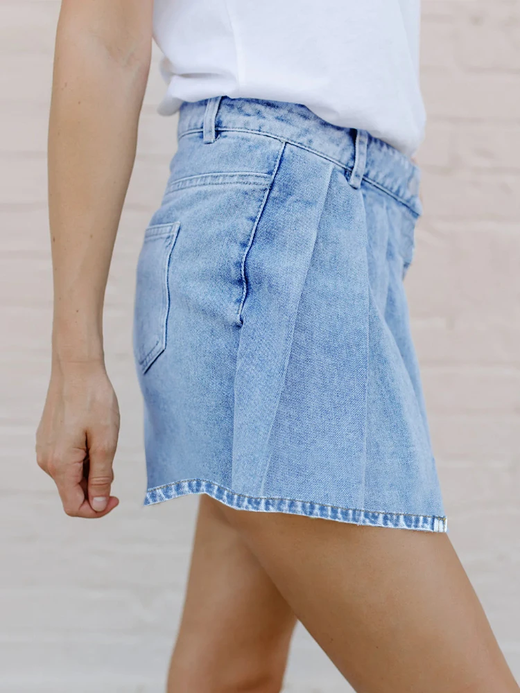 Hight Waist Short Jeans Street Style Girl Fake Two Piece Jeans Skirt Women's Clothing Solid Color Button Three Minutes Of Pants