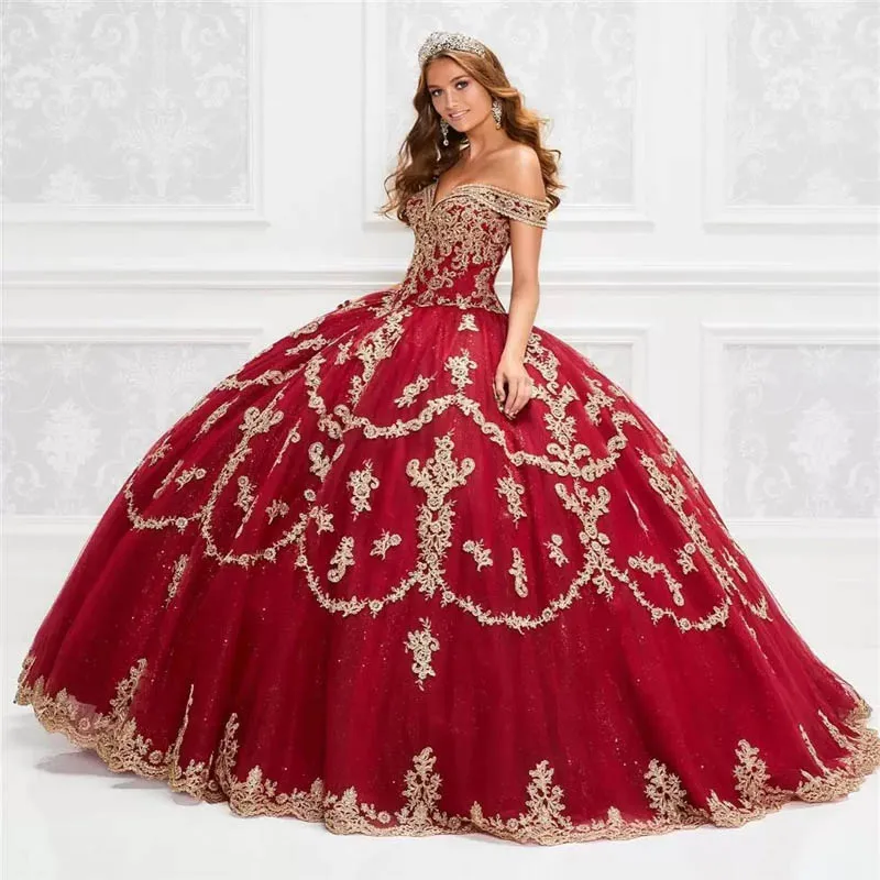 

Sparking Red Lace Quinceanera Dresses 2022 Off The Shoulder Gold Applique Ball Gown Floor Length Prom Dress Vestido De Festa