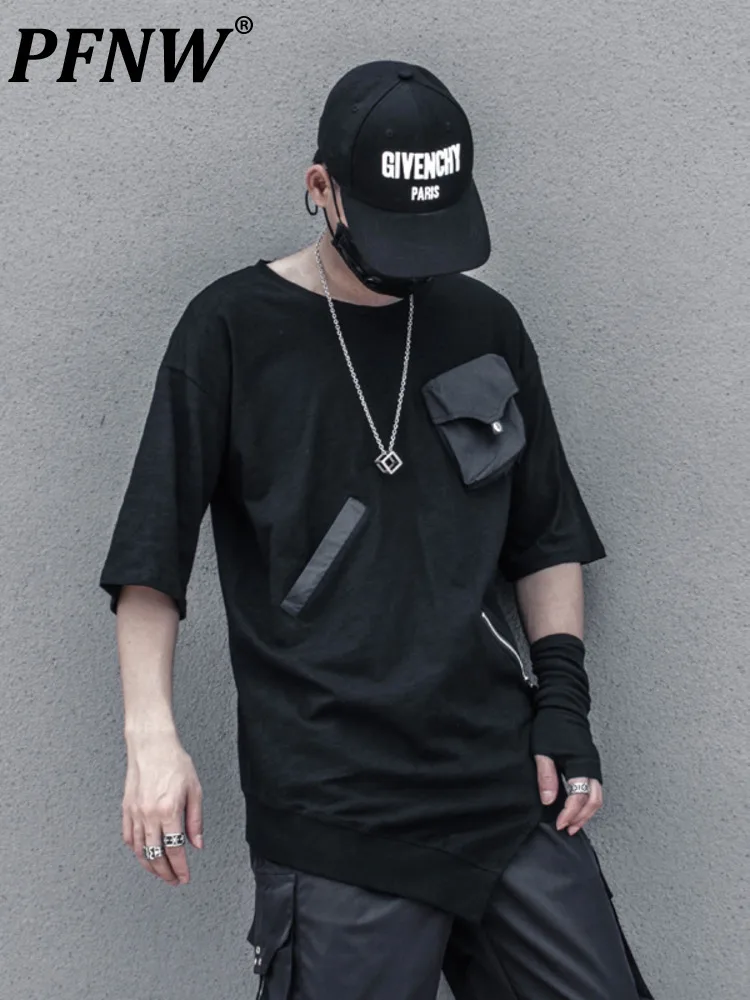 

PFNW Men's Personality Splicing Pocket T-shirt Summer New O-neck Long Sleeve Dark Black Style Tide Tops Man Techwear 12A0964