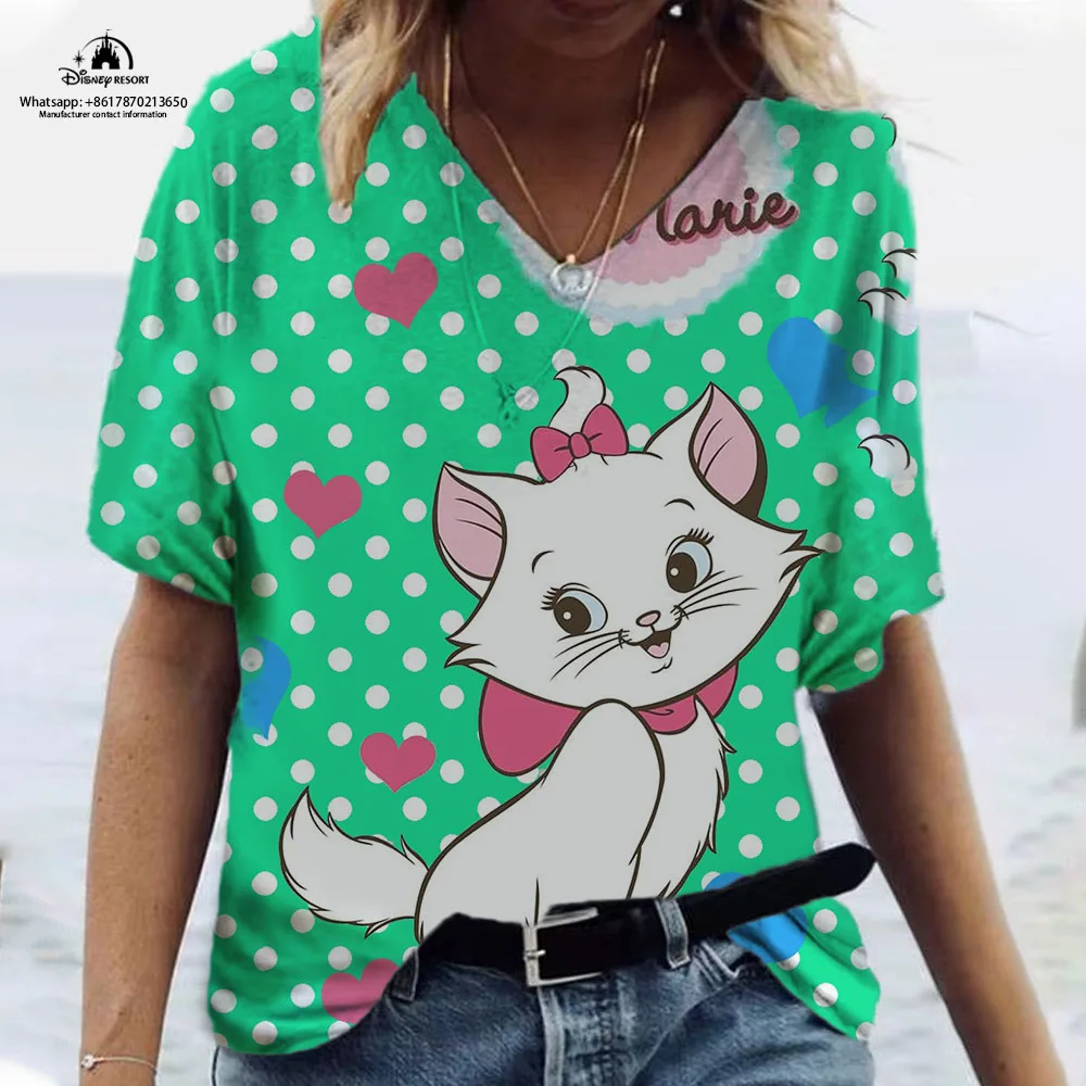 

2023 New Fashion V-neck T-shirt Women's Marie Cat Print Color T-shirt Summer Short Sleeve Disney Fashion Street Style Girl T-shi