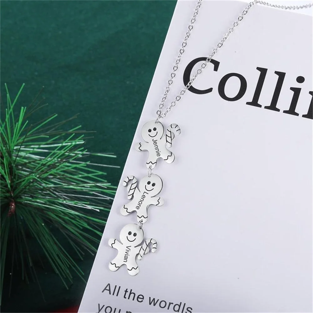 Personalized Necklace Custom Name Carved Gingerbread Man Stainless Steel Pendant Necklace Christmas Gift Custom Necklace Wholesa