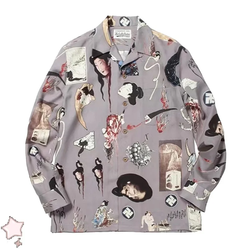 Men Women Hawaiian Graffiti Print Long Sleeve Shirts High Street Hip-Hop Shirt