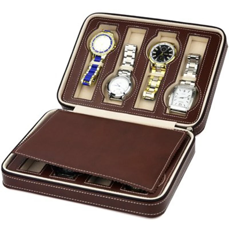 

4/8 Holes Portable Zipper Watch Bag Luxury Box For Watches Leather Watch Box Travel Watch Packing Coffee Color