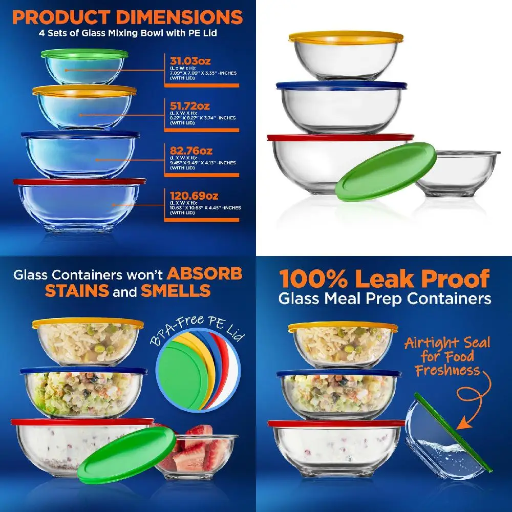 

Premium Best 4 Sets of Stackable Mixing Bowls with Locking Lids - Perfect for Food Prep, Storage, and Baking.