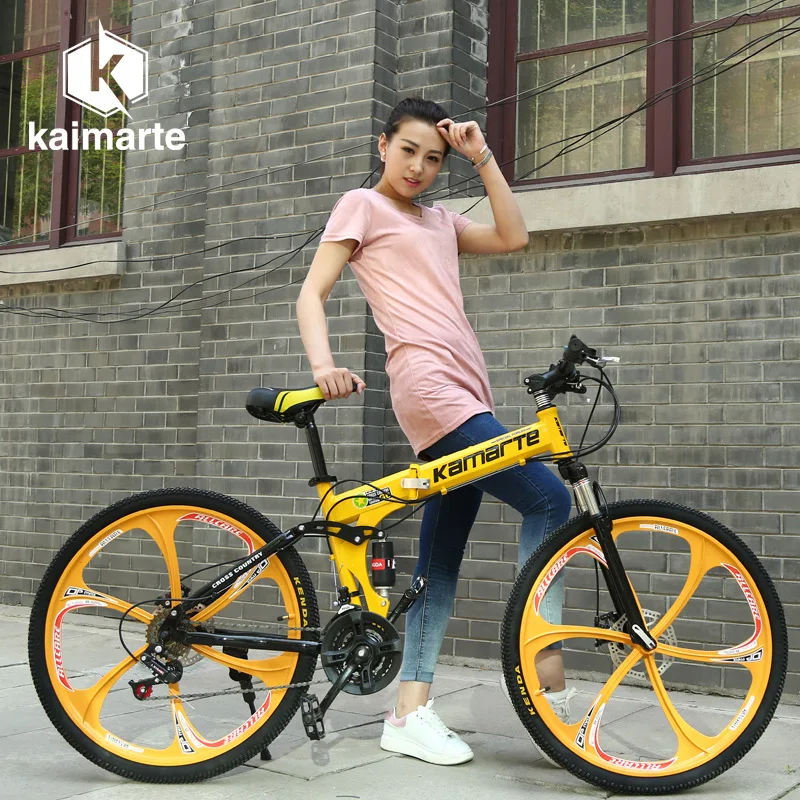 Фото Складной велосипед Kaimarte 24/26 дюймов с двойной амортизацией, дисковыми тормозами, переменной скоростью, горный велосипед с рамой из углеродистой стали №1