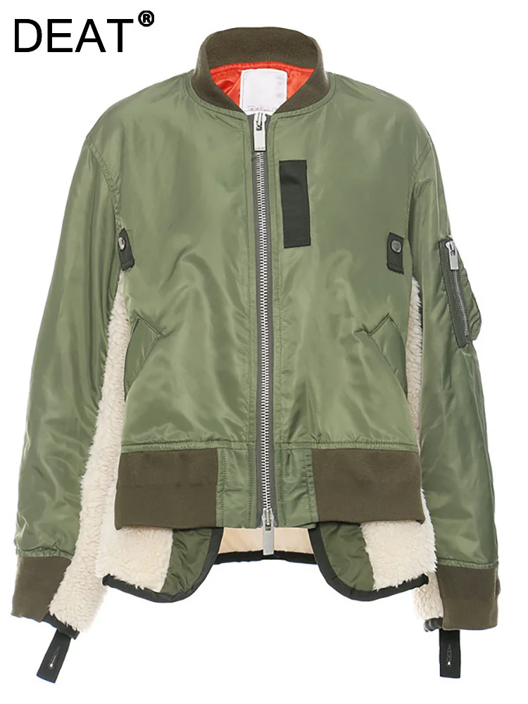 

DEAT Fashion Women's Motorcycle Jackets Stand Collar Loose Zip Long Sleeves Thickening Spliced Lady Coat Autumn 2023 New WT261