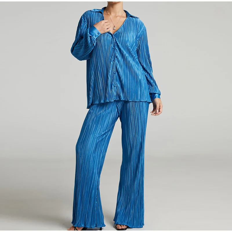 

Women Casual Pleated Set Two Piece Sets Button Up Shirt Loose High Waist Wide Leg Pants Suit Female Solid Elegant Outfits