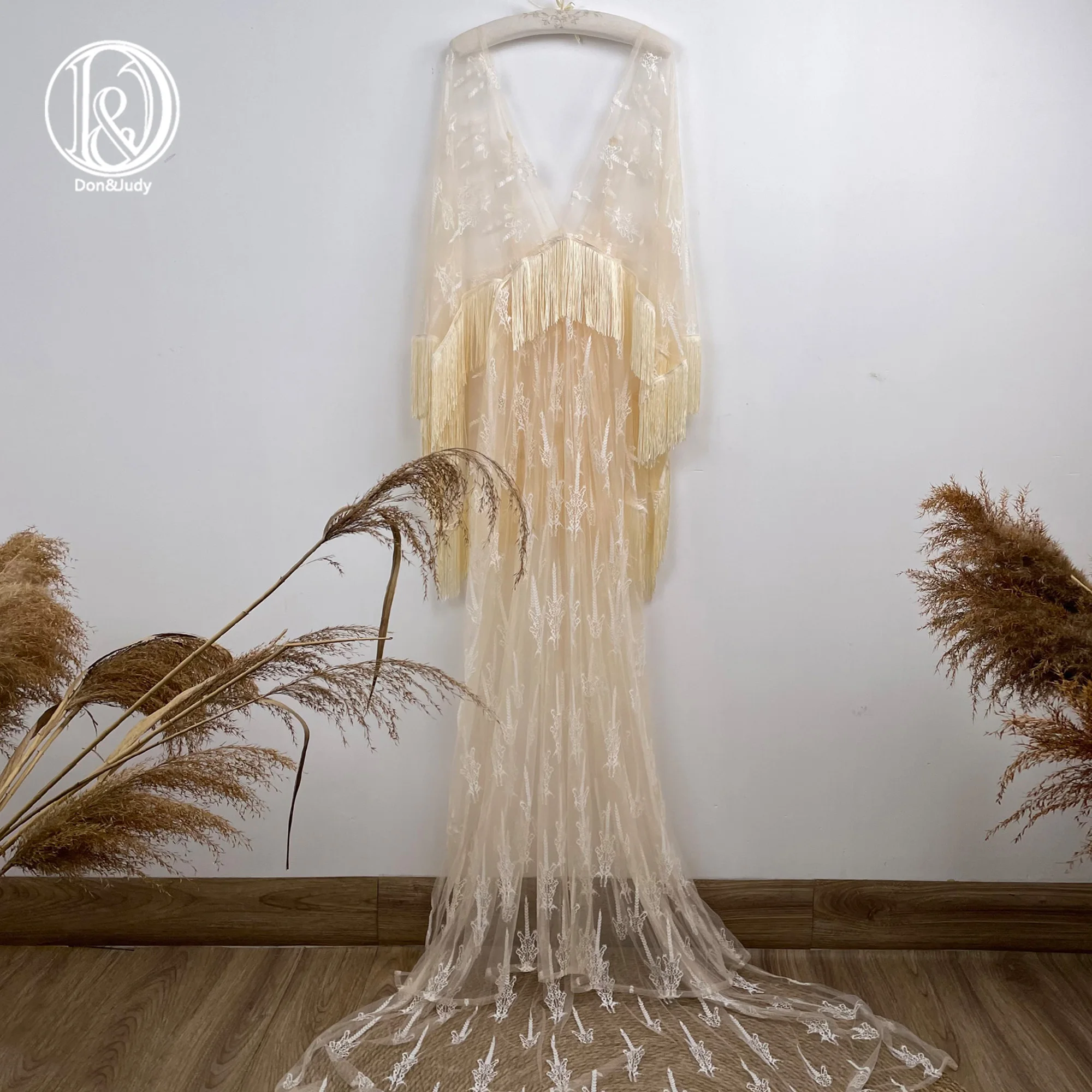 Don&Judy Boho Embroidery Wheat Tulle Maternity Non-maternity Pregnancy Dresses with Long Tassel for Photoshoot Photography Props