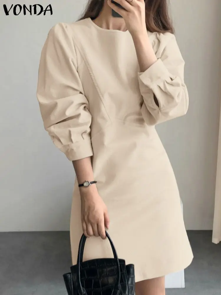 

2022 VONDA Summer Sundress Women Long Puff Sleeve Mini Dress Fashion O Neck Solid Elegant Lady Casual Party Vestidos Beach Robe