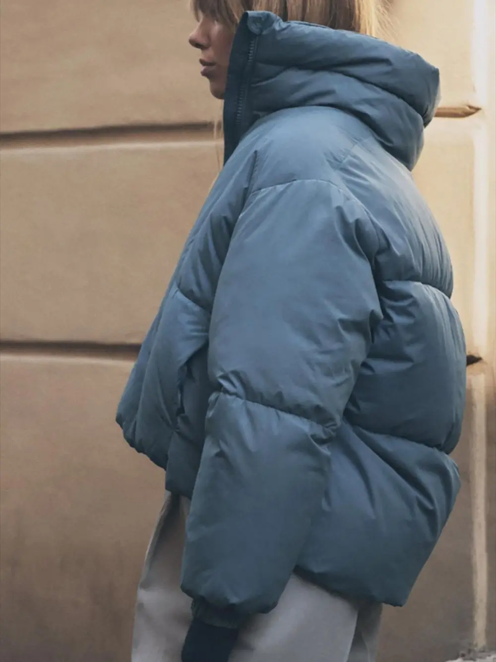 Autum Winter 2022 Women's Blue Thickened Cotton Sandwich High Collar Zip Pocket Warm Long Sleeve Cotton Jacket Warm Fashion