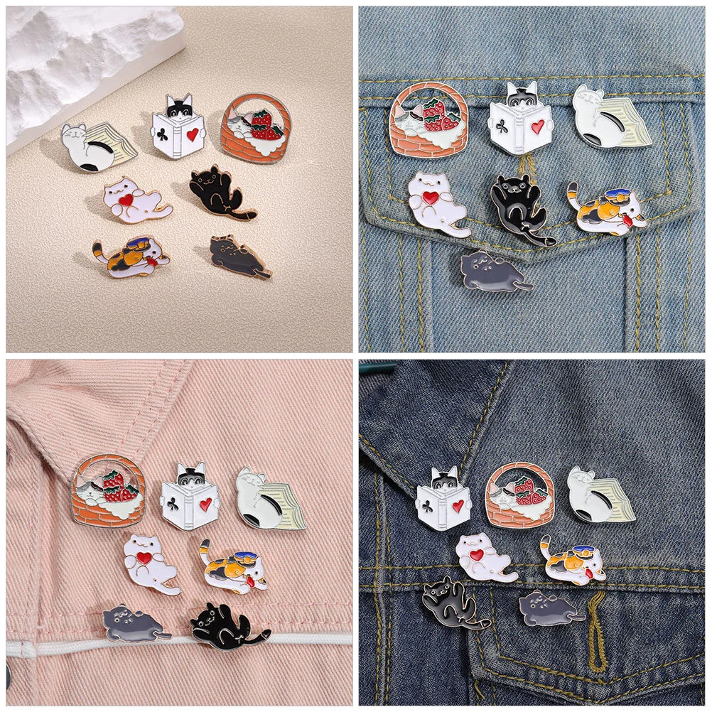 7 Pcs Cartoon Cat Vintage Backpack Back Bag Woman Backpack Aesthetic Creative Animal Retro Vintage Lovely Cute