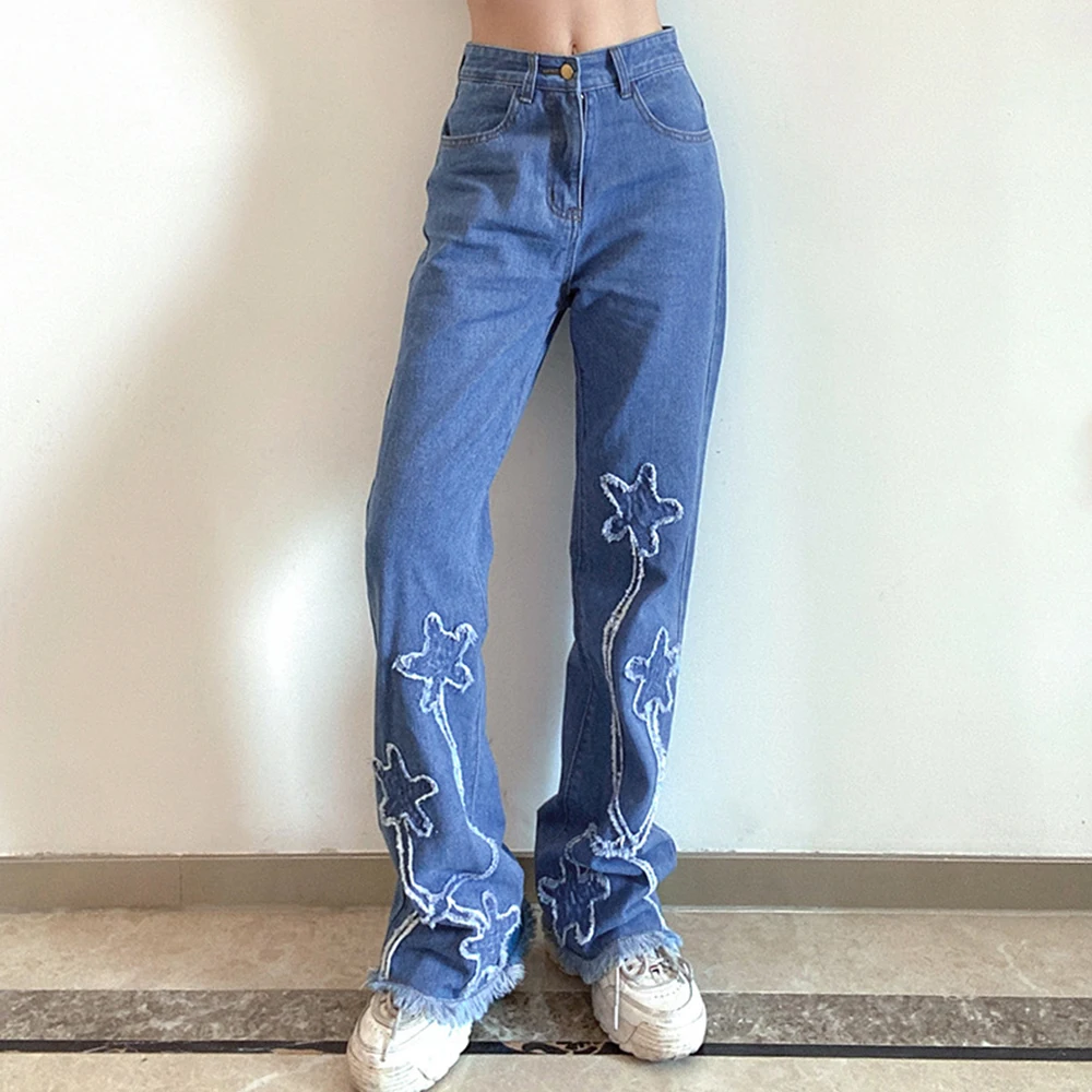 

Flower Pattern Stitching Jeans Women 2022 Foreign Trade Products High Waist Slim Straight Pants Casual Trousers Mopping Pants