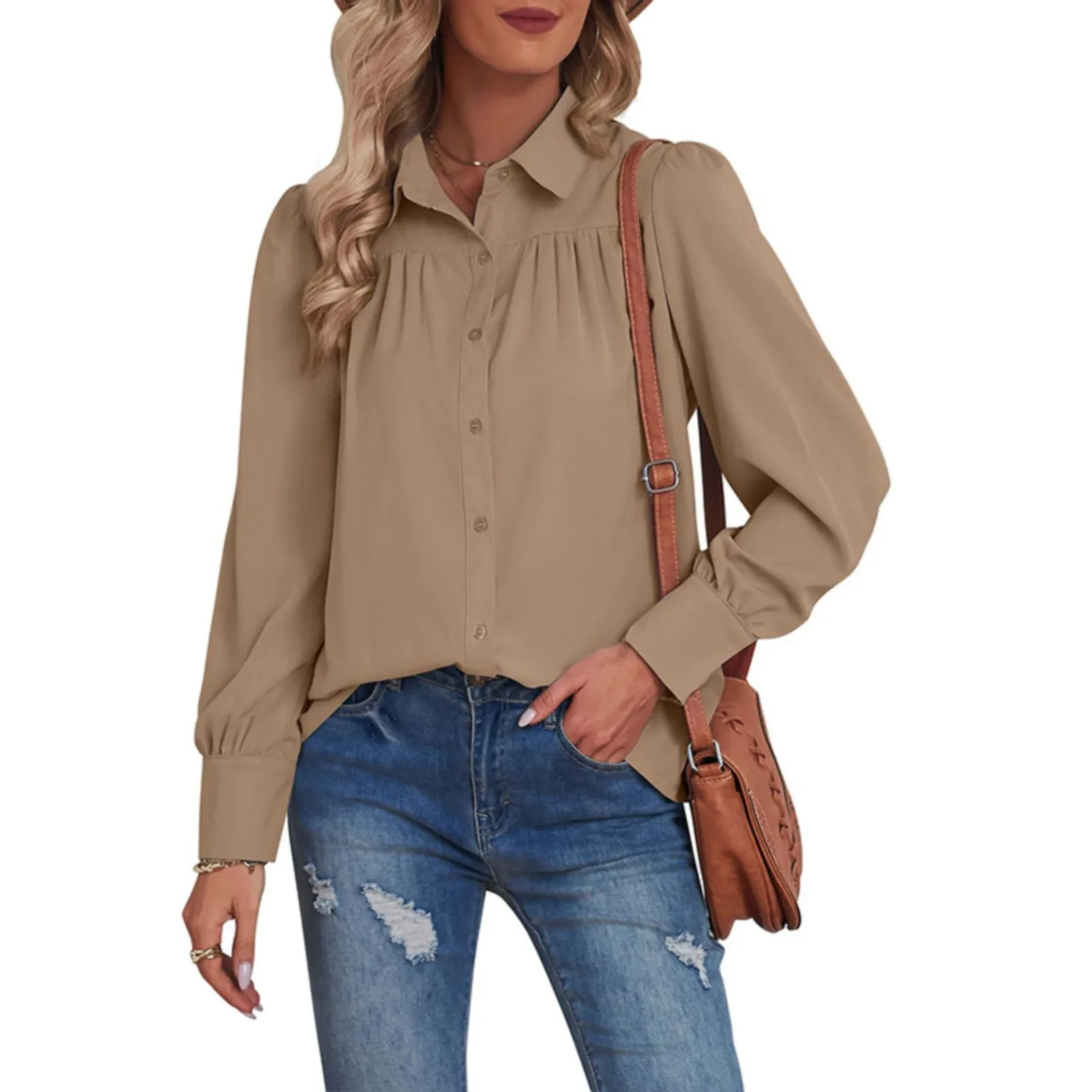

Ladies Solid Color Lapel Long Sleeve Chiffon Shirt Loose Top Denim Long Sleeve Shirt for Women