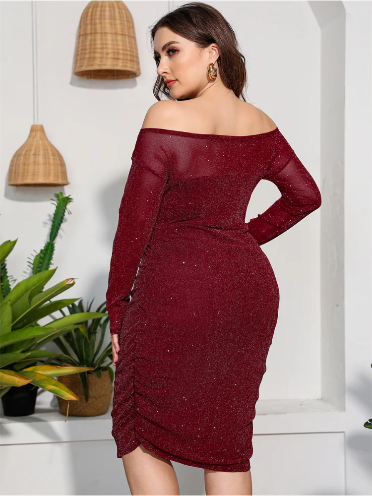 Plus-size women's dress one-shoulder cutout crushed diamond autumn long-sleeved sexy wrinkled hot girl hip skirt