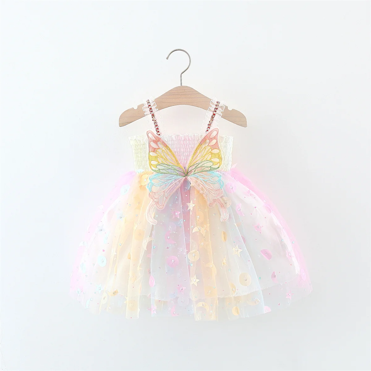 

Summer Girl Party Princess Dress With Rainbow Wings Cartoon Colorful Mesh Hanging Strap Fashion Mesh Dress