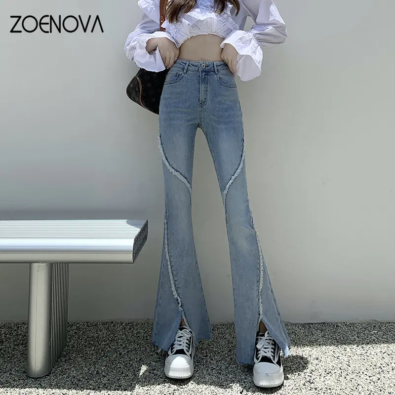 

ZOENOVA High Waist Slit Flared Jeans Spring New Fashion All Match Slim Stitching Raw Edge Design Y2k Streetwear Vintage Clothing