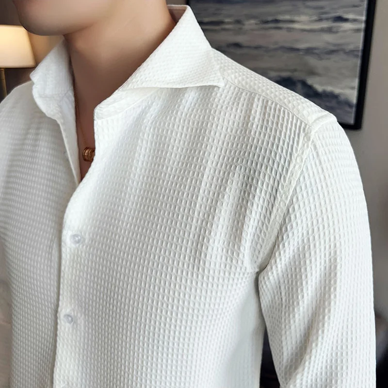 2022 Autumn One Word Collar Shirts Men Long Sleeve Casual Slim Shirt Solid Color Business Dress Shirts Streetwear Tuxedo Blouse