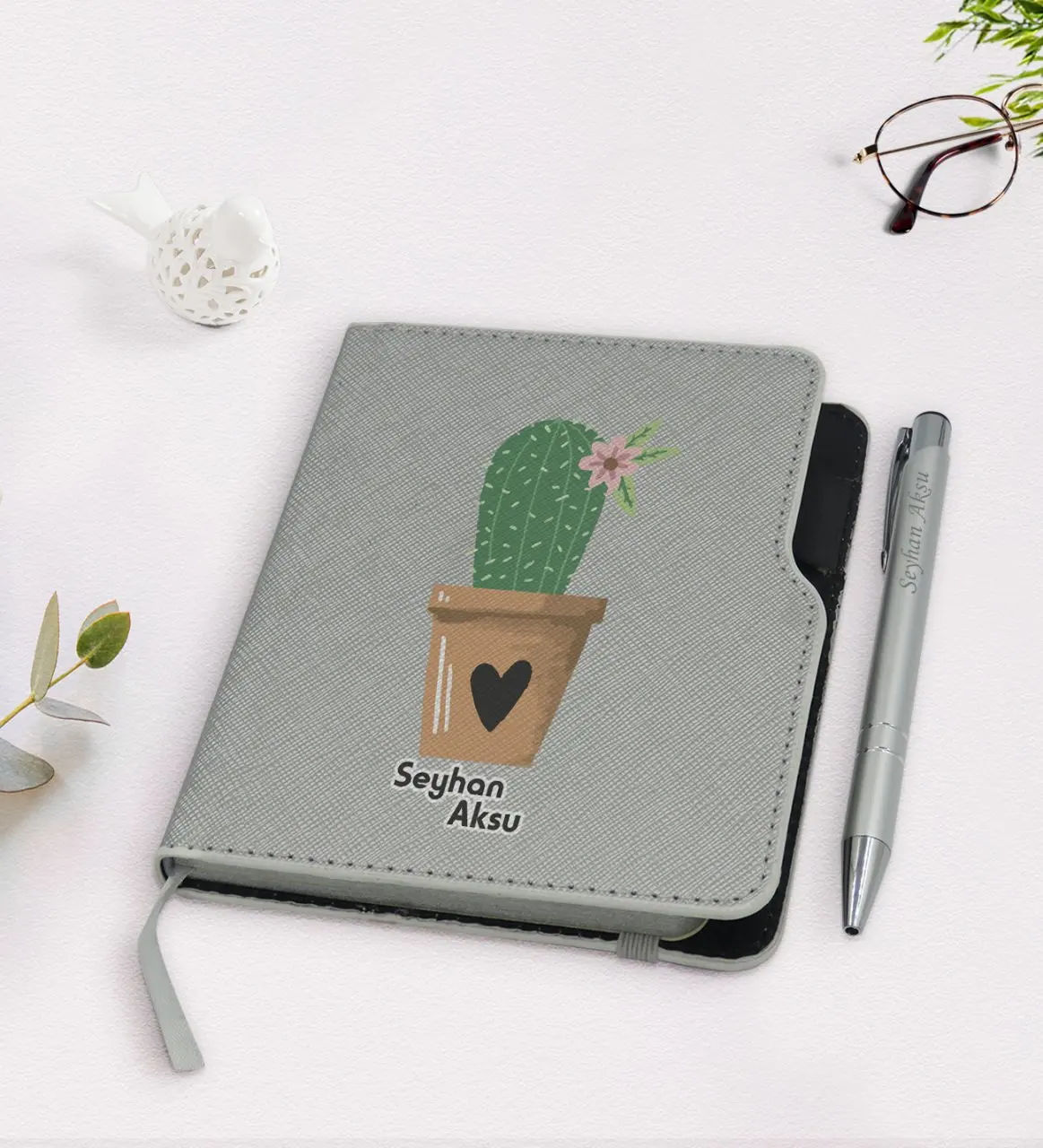 

Personalized Cactus Design Gray Thermo Leather Notebook Pen Seti-6