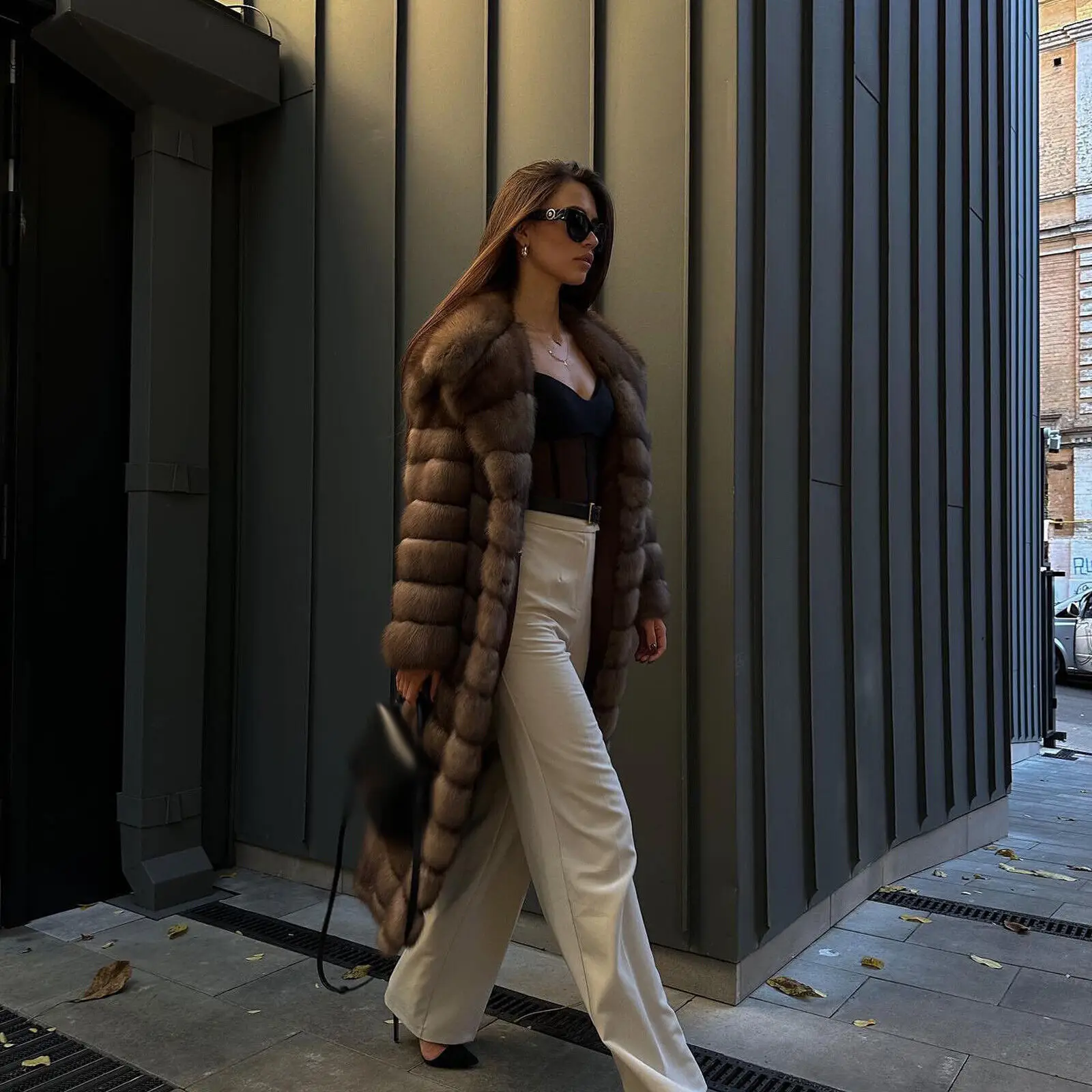 Женская мода собольного цвета пальто из натурального лисьего меха зимняя