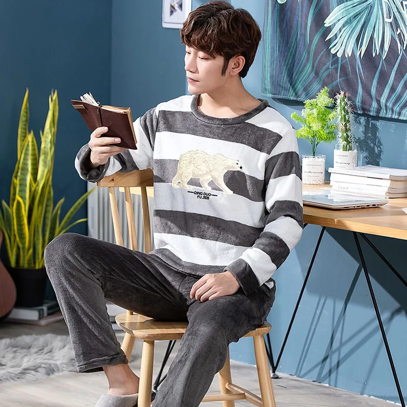 2023 Winter Long Sleeve Thick Warm Flannel Pajama Sets for Men Coral Velvet Cute Cartoon Sleepwear Suit Pyjamas Homewear Clothes